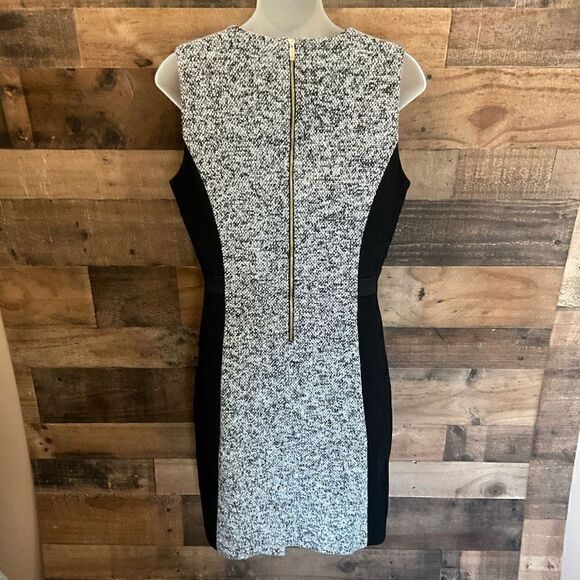 Calvin Klein Midi Sheath Dress Tweed Round Neck Black White Zip Back Back Slit 8 - Picture 10 of 11